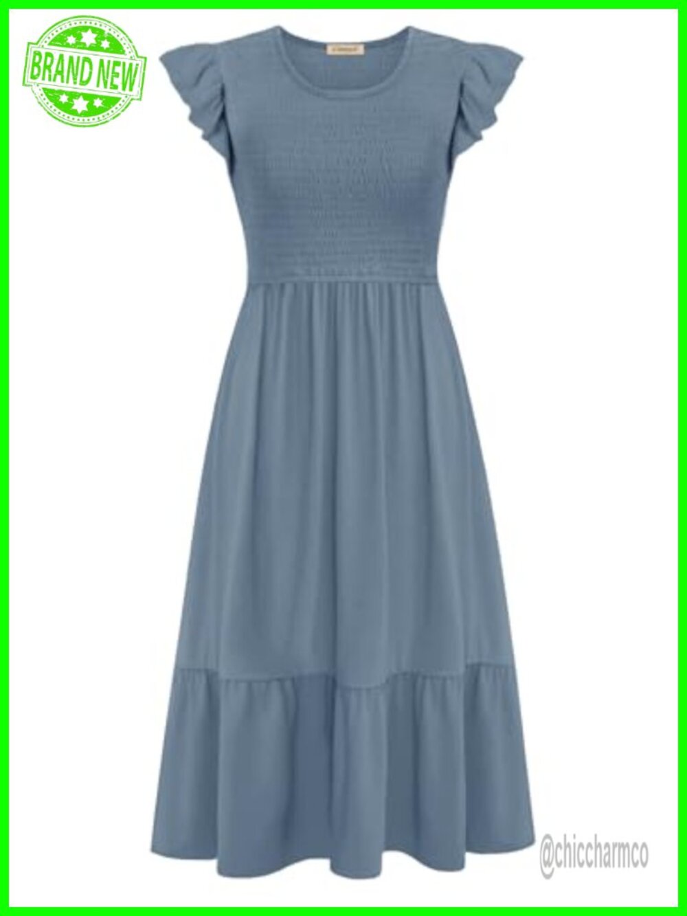 Nursing Dress Flutter Short Sleeve Crew Neck Smocked Elastic Waist Tiered Midi - Picture 4 of 6